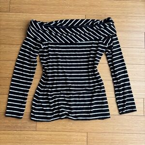 Y2K black white striped off shoulder top